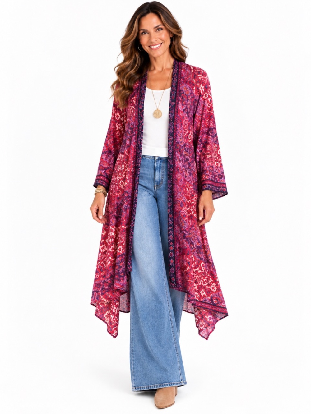 ANGIE Red Patterned Duster Cardigan Size: Large